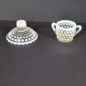 Vintage fenton hobnail opalescent glass candle holder and sugar server